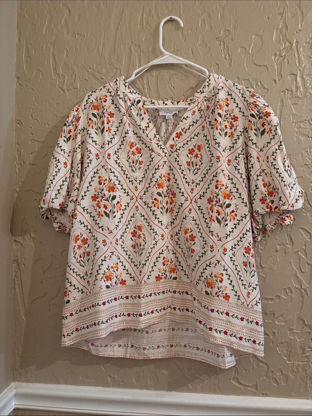 CeCe Short Sleeve Floral Blouse with Puffy Sleeves - NWT